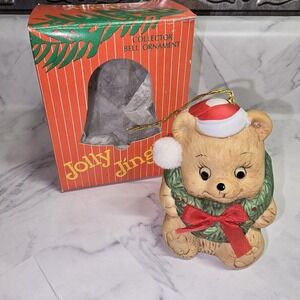 Vintage Jolly Jingles Bear Bell Christmas Ornament Hand Painted Porcelain w Box